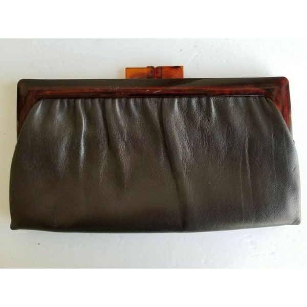 Mardane USA Brown Leather Purse Clutch  Handbag with Kiss lock Closure Vintage