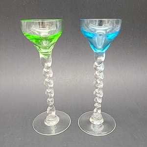 2 Venetian Glass Cordial Glasses Barley Twist Stem Vintage MCM Green Blue