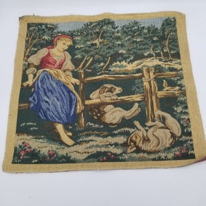 Country Scene Tapestry Girl sitting on the Fence Farm Animals 17-1/2&quot; X 15-1/2&quot;