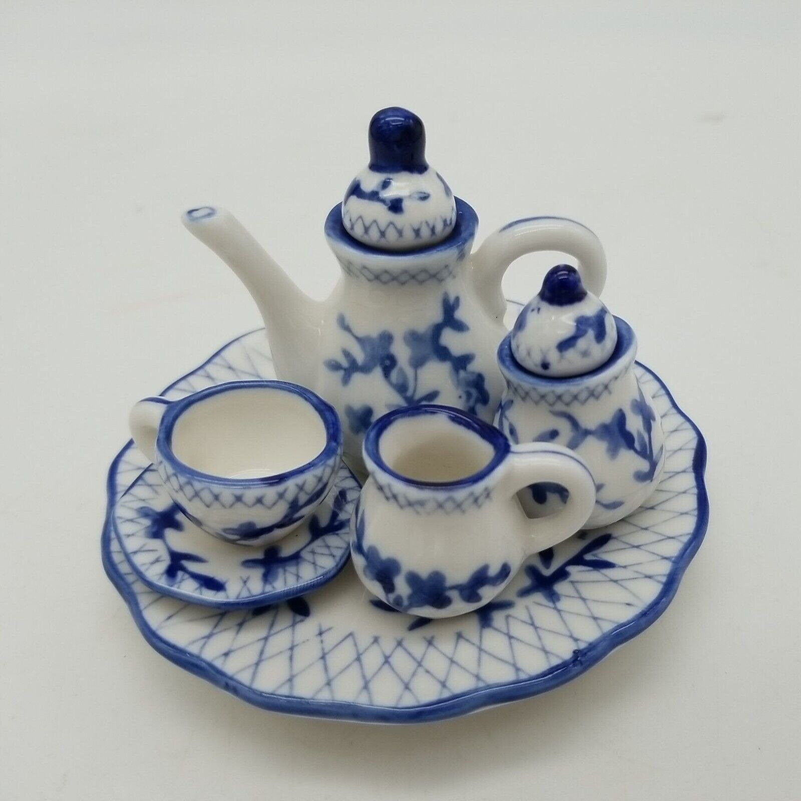 Xyer 1 Set 1:12 Mini Teapot Cup Realistic Decorative Ceramics Japanese Style Porcelain Tea Kit Dollhouse Accessories for Living Room Navy Blue, Size