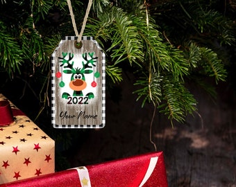 Christmas Ornament Tag Deer 2022 Personalize Buffalo Plaid 2 Different Designs Sublimation Design PNG Instant DIGITAL ONLY