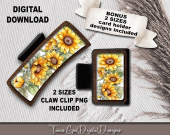 Sublimación de clip de pelo de girasol, clip de pelo floral, garra de pelo pequeña grande PNG, diseño de sublimación de clip de pelo, descarga digital