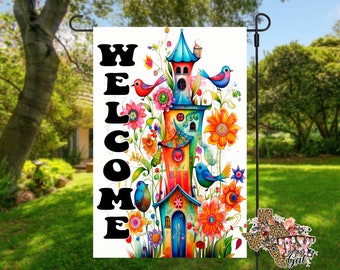 Whimsical Bird Houses Garden Flag, Sublimation Digital Download, Welcome Garden Flag JPG