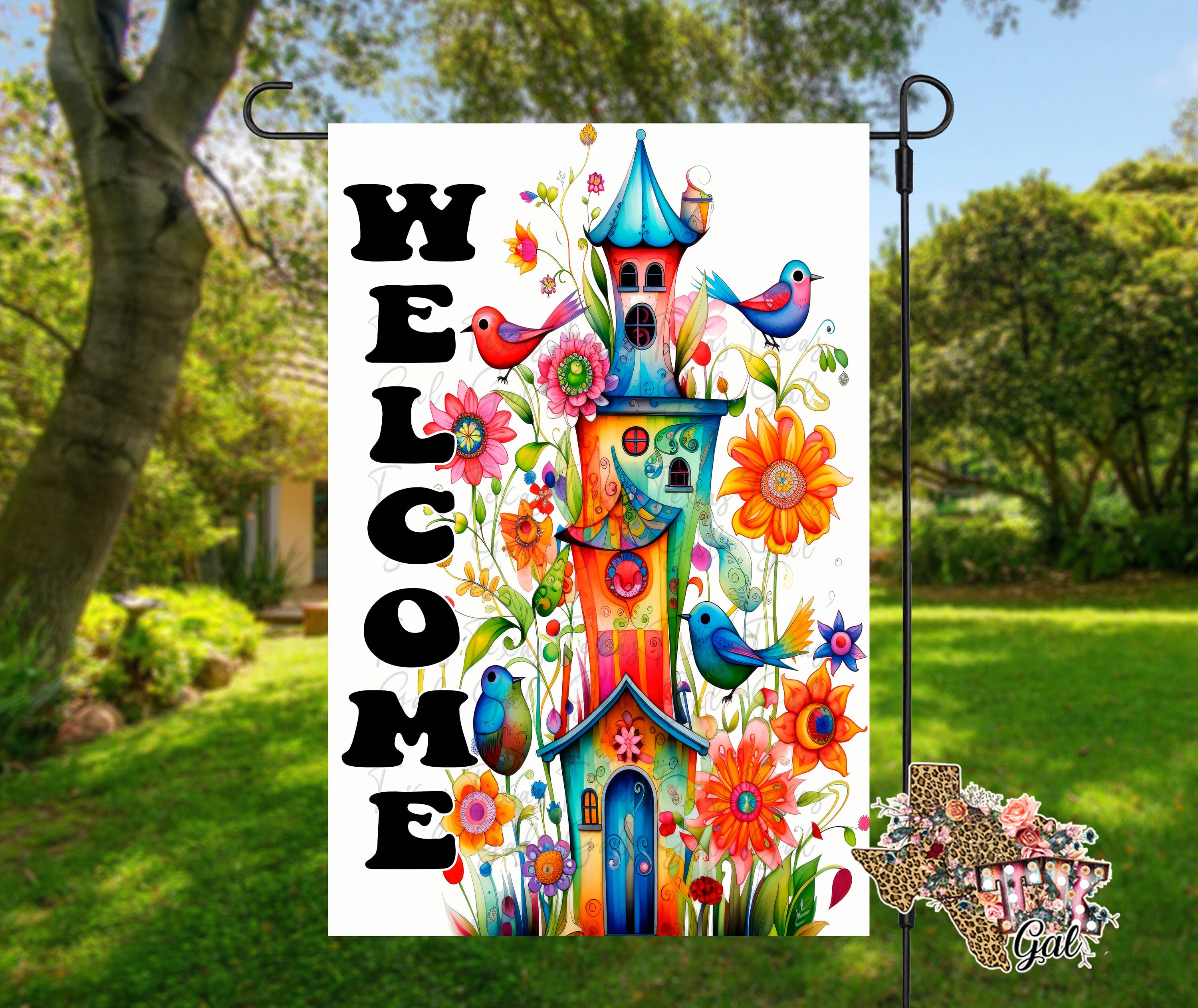 Whimsical Bird Houses Garden Flag, Sublimation Digital Download, Welcome Garden Flag JPG