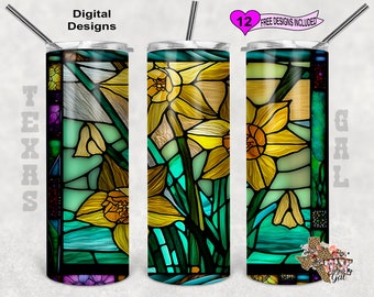 Envoltura de vaso de vidriera, vidriera de narcisos, vaso flaco de 20 oz PNG, diseño sin costuras