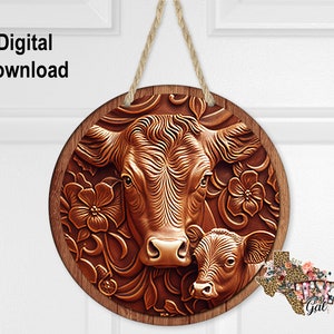 Sublimation Round Door Hanger Design PNG, Wood Cows Sublimation Design, 10 Inch Hardboard Blank Design, Digital Download