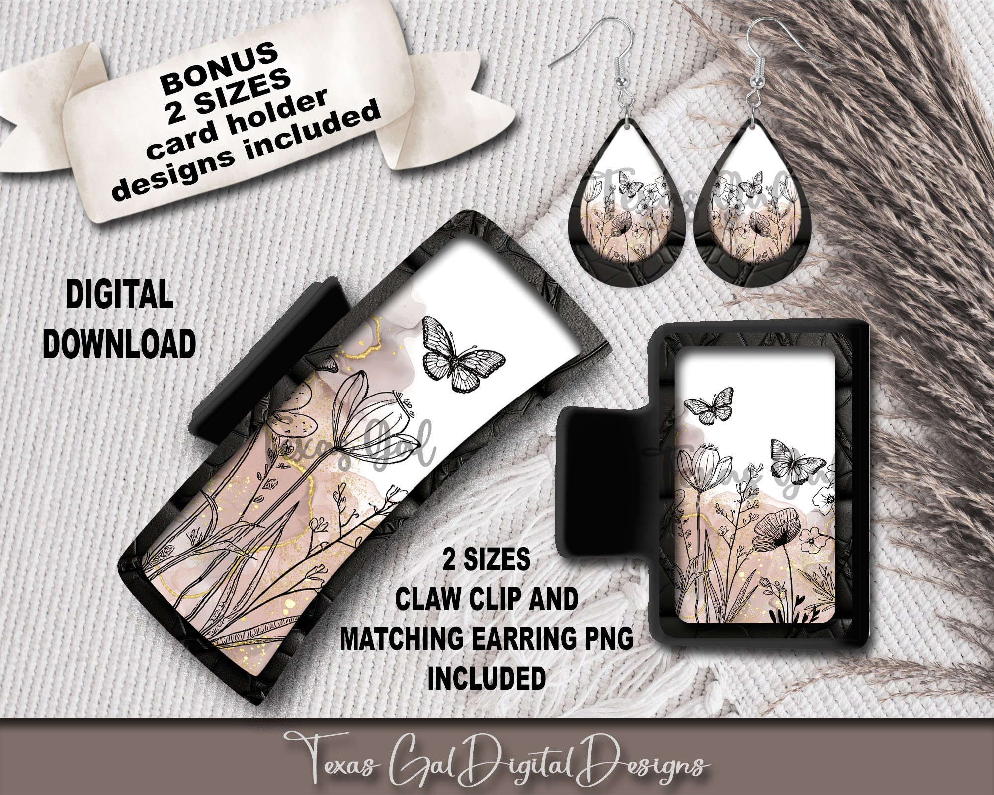 Minimalist Hair Clip And Earring Sublimation Bundle, Large Small Hair Claw PNG, Hair Clip And Earring Sublimation Design, Digital Download