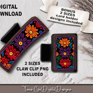 Floral Embroidery Hair Clip Sublimation Design, Large And Small Hair Claw PNG, Hair Clip Sublimation Design, Digital Download