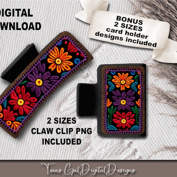 Floral Embroidery Hair Clip Sublimation Design, Large And Small Hair Claw PNG, Hair Clip Sublimation Design, Digital Download