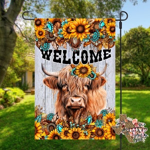 Sunflowers Garden Flag, Highland Cow Garden Flag PNG, Sublimation Digital Download, Welcome Garden Flag PNG