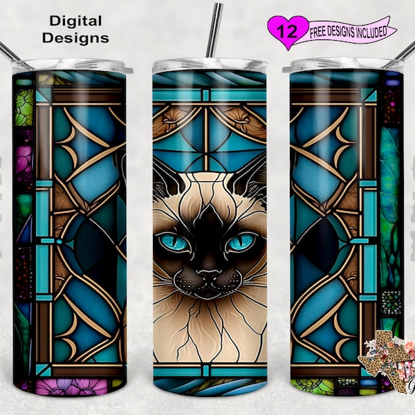 Stain Glass Tumbler Wrap, Siamese Cat Tumbler Wrap, 20 oz Skinny Tumbler Sublimation Design, Seamless Pattern