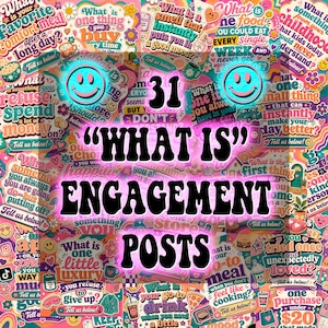 May include: A collection of 31 engagement post graphics featuring colorful retro-style typography and illustrations. The central text reads 31 WHAT IS ENGAGEMENT POSTS in bold black letters, surrounded by various questions and smiley face icons.