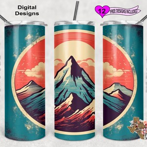 Retro Mountains Tumbler Wrap, Watercolor Tumbler Wrap, 20oz Sublimation Tumbler PNG, Seamless Design