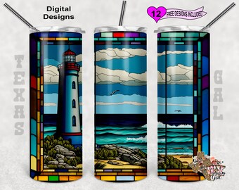 Stain Glass Tumbler Wrap, Lighthouse Tumbler Wrap, 20oz Sublimation Tumbler Wrap, Digital Download