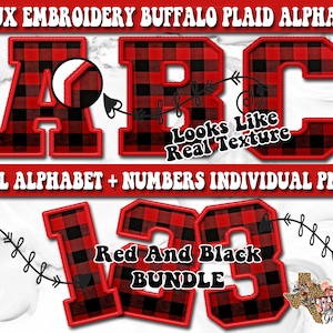May include: Red and black buffalo plaid alphabet and numbers bundle. The letters A, B, and C are displayed, along with the numbers 1, 2, and 3. The text "Looks Like Real Texture" is also visible. The words "Full Alphabet + Numbers Individual PNGs" and "Red And Black BUNDLE" are also displayed.