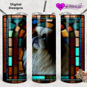 Stain Glass Tumbler Wrap, Japanese Chin Sublimation Design, Dog Tumbler Wrap, 20oz Sublimation Tumbler Wrap, Digital Download