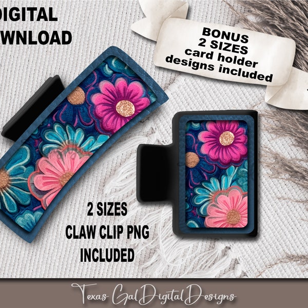 Floral Embroidery Hair Clip Sublimation Design, Large And Small Hair Claw PNG, Boho PNG, Hair Clip Sublimation Design, Digital Download