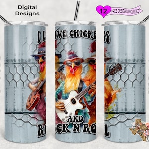 チキン タンブラー ラップ、I Love Chickens And Rock N Roll タンブラー、水彩タンブラー ラップ、20 オンス昇華タンブラー PNG、シームレス デザイン