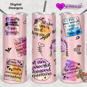May include: Set of three pink stainless steel tumblers with inspirational quotes and watercolor designs. The quotes are "I am more than enough", "Make your soul happy", and "I fill my mind with positive thoughts".