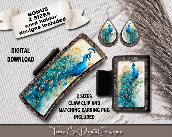 Peacock Hair Clip And Earring Sublimation Bundle, Large Small Hair Claw  PNG, Hair Clip And Earring Sublimation Design, Digital Download