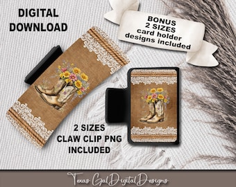 Arpillera encaje vaquero botas clip de pelo diseño de sublimación, garra de pelo grande y pequeña PNG, diseño de sublimación de clip de pelo, descarga digital