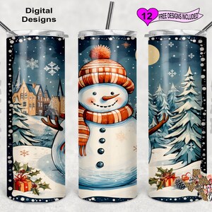 Snowman Tumbler Wrap, Watercolor Tumbler Wrap, 20oz Sublimation Tumbler PNG, Seamless Design