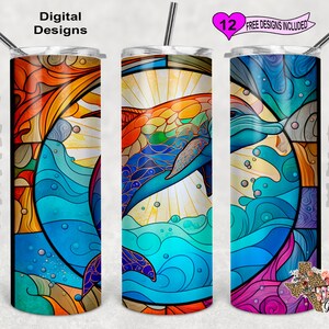 Involucro del bicchiere di vetro colorato, vetro colorato di delfino, bicchiere magro da 20 Oz PNG, design senza soluzione di continuità