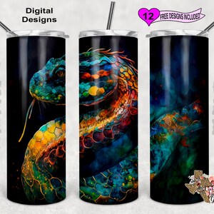 May include: Three stainless steel tumblers with a colorful abstract snake design. The tumblers are black with a colorful snake design. The snake is a mix of green, blue, yellow, orange, and red. The tumblers are 20 oz. and have a straw.