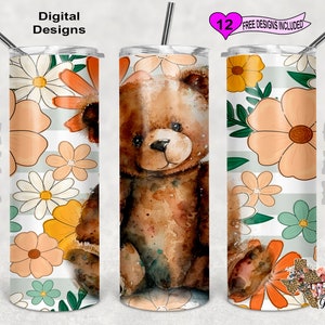 Bär Tumbler Wrap, Blumen Tumbler Wrap, Aquarell Tumbler Wrap, 20 oz Skinny Tumbler Sublimation Design, nahtloses Design