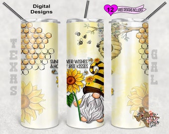 Bee Tumbler Wrap, Gnome Tumbler PNG, 20 Oz Tumbler Sublimation Design, Digital Download