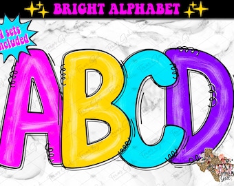 Highlighted Doodle Alphabet PNG, Alpha Bundle Set, Doodle Letters, Commercial Use, Bright Color Alpha Set, Trendy, Printable Alphabet Font