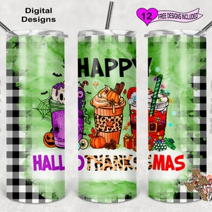 20 oz Skinny Tumbler Hallothanksmas Halloween Thanksgiving Christmas Sublimation Design PNG Instant DIGITAL ONLY