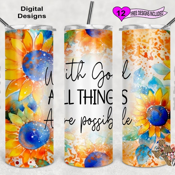 With God All Things Are Possible Tumbler Wrap, Christian Tumbler Wrap, Watercolor Tumbler, 20oz Sublimation Tumbler PNG, Seamless Design