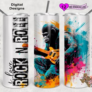 I Love Rock N Roll Tumbler Wrap, Ape Tumbler Wrap, Watercolor Tumbler Wrap, 20 oz Skinny Tumbler Sublimation Design, Seamless design
