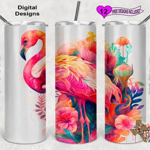 Flamingo Tumbler Wrap, Watercolor Tumbler Wrap, 20oz Sublimation Tumbler PNG, Digital Download, Seamless Design