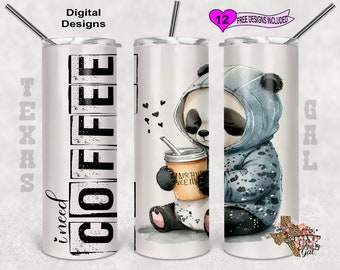 I Need Coffee Tumbler Wrap, Panda Tumbler Wrap, Watercolor Tumbler Wrap, 20oz Sublimation Tumbler PNG, Digital Download, Seamless Design