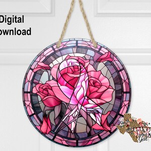 Round Sublimation Door Hanger Stain Glass Roses Breast Cancer Ribbon Design for Hardboard Blanks, PNG Digital Download, digital graphics