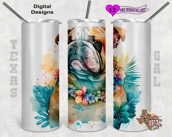Bulldog Tumbler Wrap, Aquarel Tumbler Wrap, 20oz Sublimatie Tumbler PNG, Digitale Download