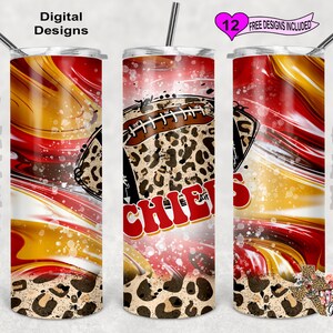 May include: A sublimation design for a 20 oz tumbler featuring a red, white, and gold abstract swirl pattern with a football and the word "CHIEFS" in red. The design also includes a leopard print pattern at the bottom.