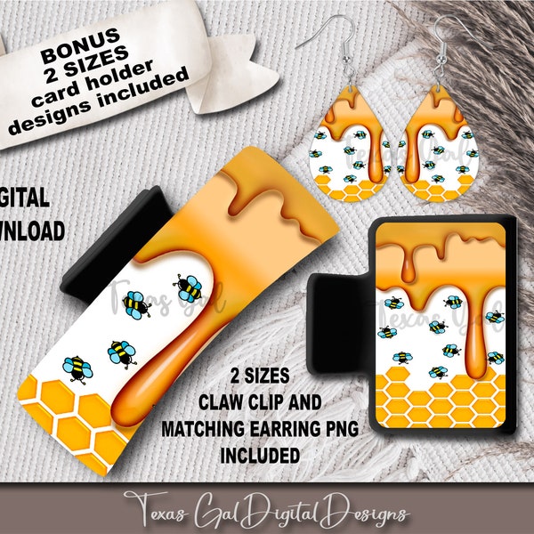 Honey Bee Hair Clip And Earring Sublimation Bundle, Earring PNG, Large Small Hair Claw PNG, Hair Clip Sublimation Design, Digital Download