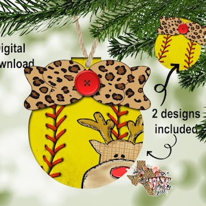 Christmas Ornament Softball Reindeer Sublimation Design PNG Instant DIGITAL ONLY
