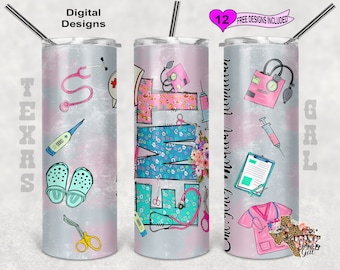 May include: Three stainless steel tumblers with a pink and blue ombre design. The tumblers feature a variety of medical-themed illustrations, including a stethoscope, a syringe, a blood pressure cuff, and a thermometer. The tumblers are decorated with the word "Nurse" in a colorful, patterned font.
