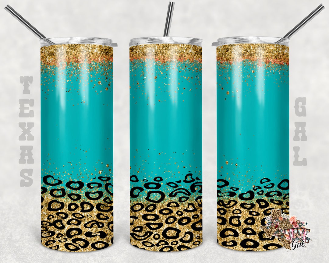 20 Oz Skinny Tumbler Teal Leopard Glitter Sublimation Design PNG ...