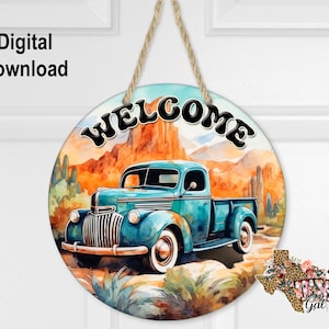 Round Sublimation Door Hanger Old Truck Design for Hardboard Blanks, Boho Wreath PNG, PNG Digital Download, digital graphics