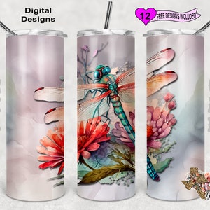 Dragonfly Tumbler Wrap, Watercolor Tumbler Wrap, 20oz Sublimation Tumbler PNG, Seamless Design