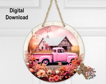 Sublimación redonda colgador de puerta flores diseño de camión para espacios en blanco de tableros duros, corona de camión rosa viejo PNG, descarga digital PNG, gráficos digitales