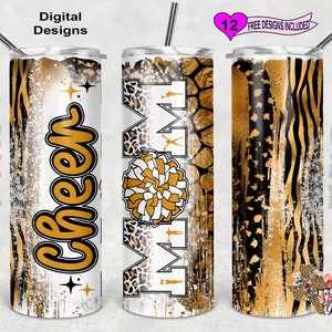 Cheer Mom Tumbler Wrap, Cheer Mom Tumbler PNG, Gold And Black Cheer Tumbler Wrap, 20 oz Skinny Tumbler Sublimation Design, Seamless Pattern