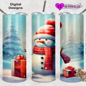 Christmas Snowman Tumbler Wrap, Watercolor Tumbler Wrap, 20oz Sublimation Tumbler PNG, Seamless Design