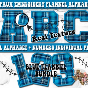 May include: Blue and white plaid flannel alphabet letters A, B, C, 1, 2, and 3. The letters and numbers are outlined in blue and have a faux embroidery effect. The text "Real Texture" and "Blue Flannel Bundle" are also included in the image.