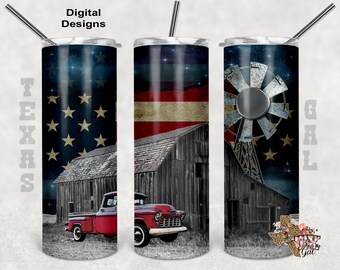 Barn Tumbler PNG, Old Truck PNG, American Flag Tumbler Wrap, 20 Oz Tumbler Sublimation Design